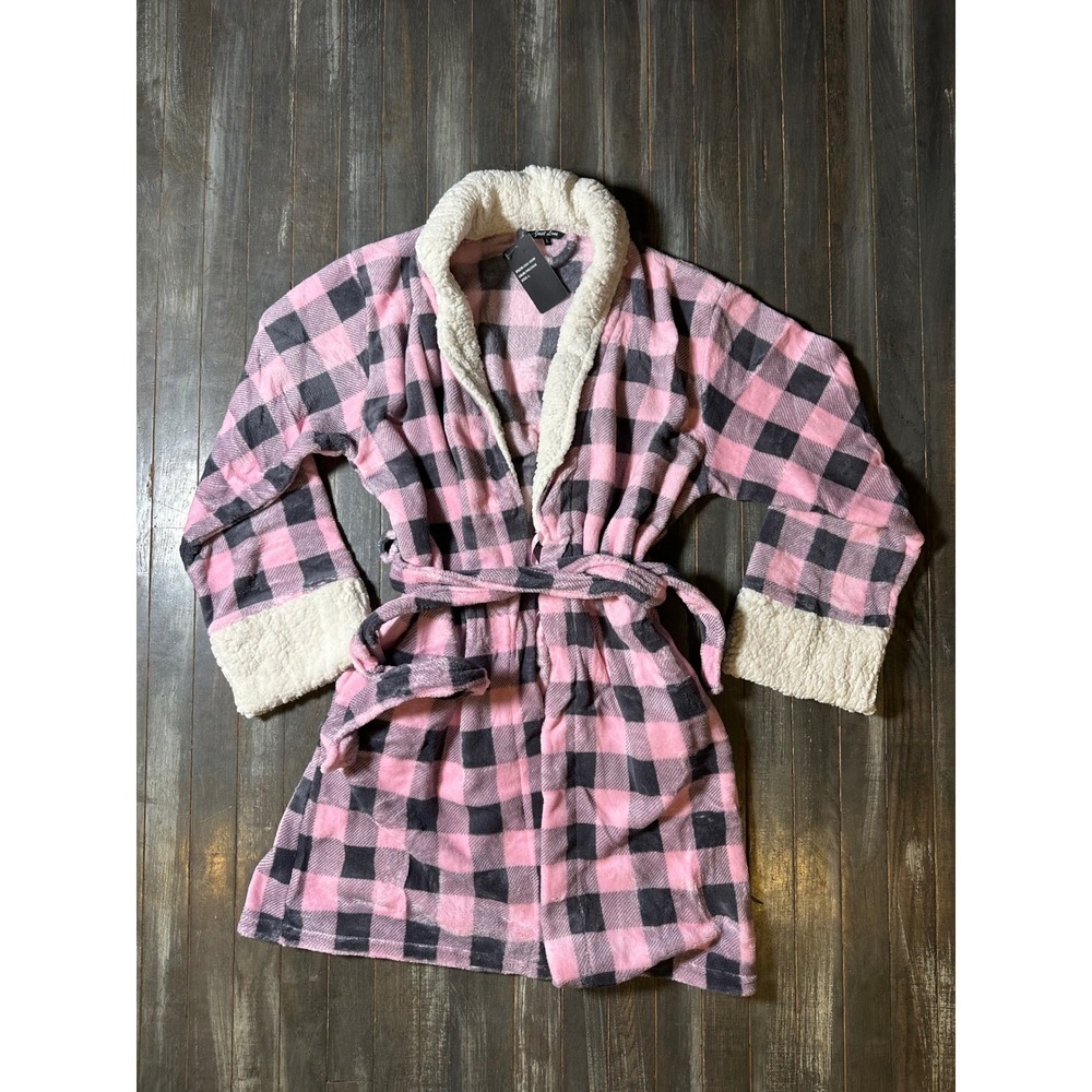 Just Love Womens Buffalo Plaid Fleece Robe Sherpa Trim Pink Grey Checkered